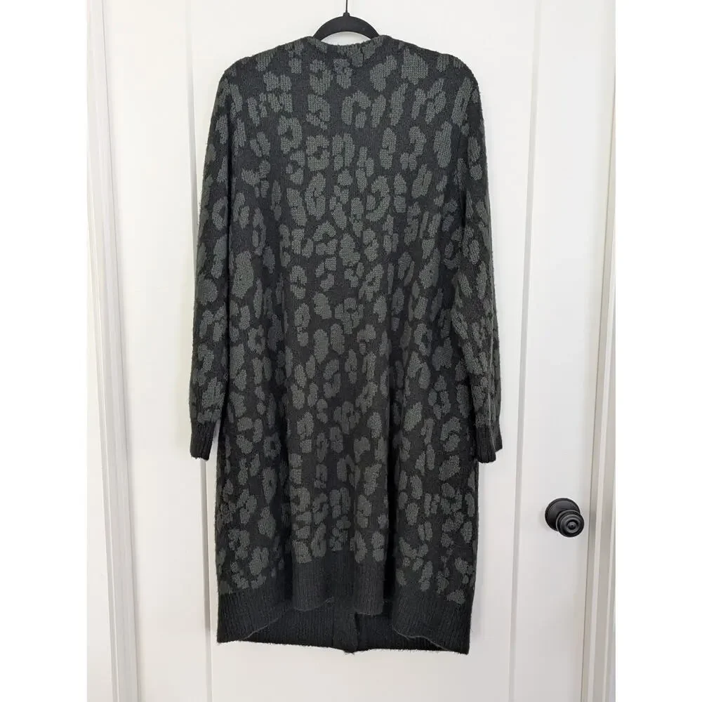 LOGO Lori Goldstein Cardigan Sweater 2X Leopard Print Long Duster Pockets